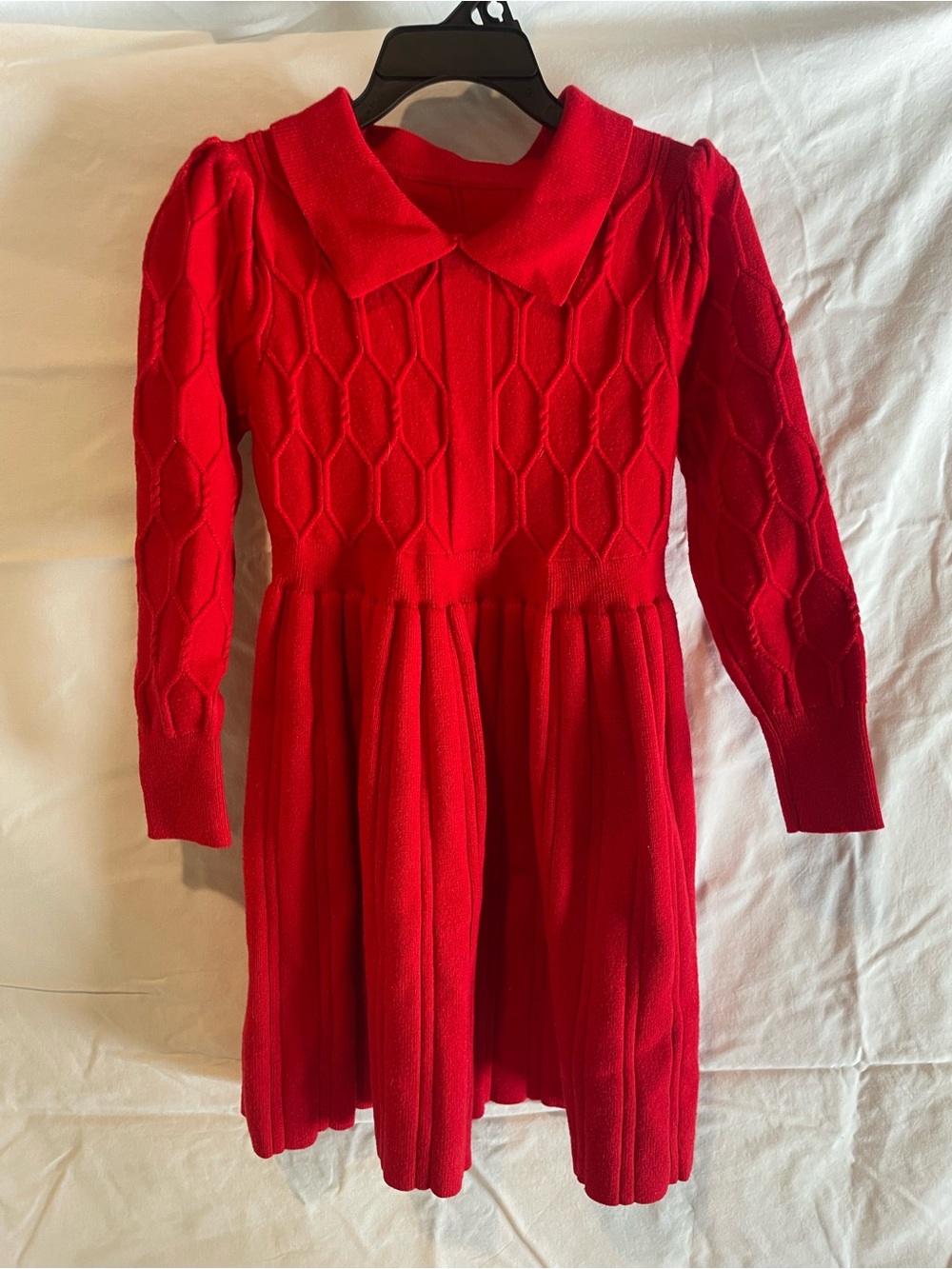 Red Knit Long-Sleeve Dress with Peter Pan Collar